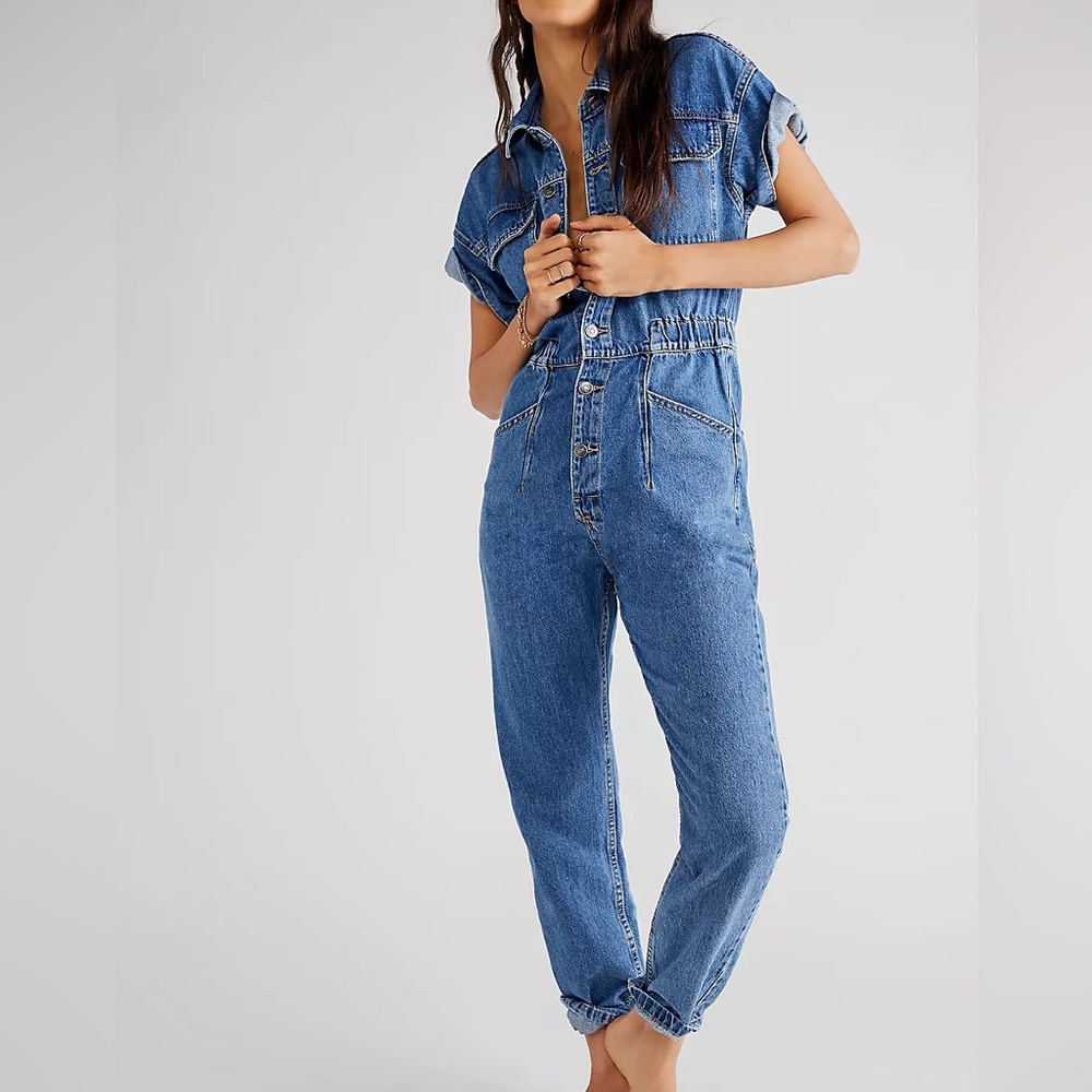 Free People Marci Coverall Sapphire Blue, Women’s M, button front, elastic waist
